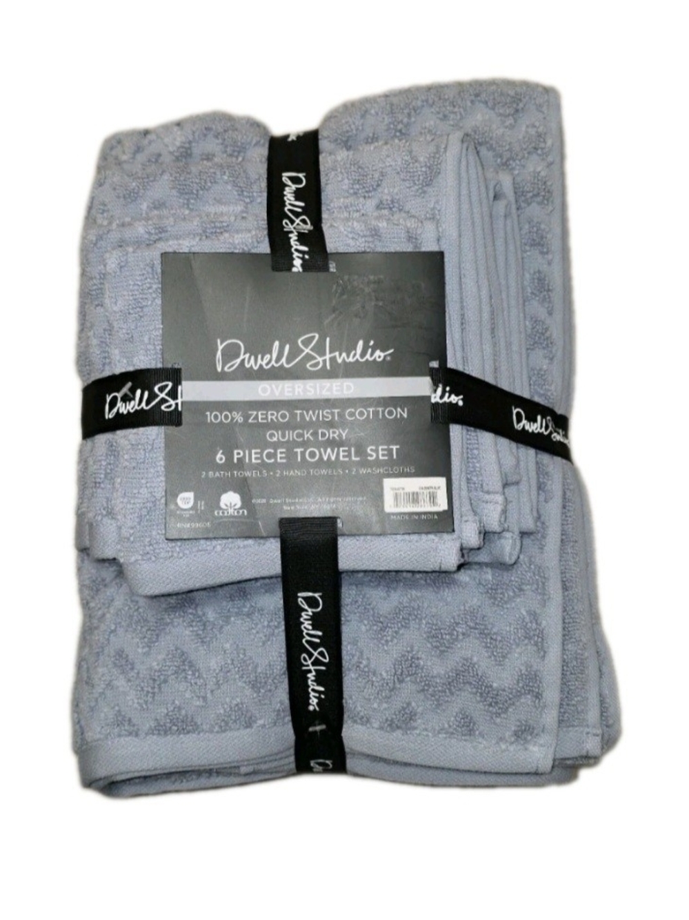 Dwell Studio 6 Piece Blue Gray Cotton Towels Set.